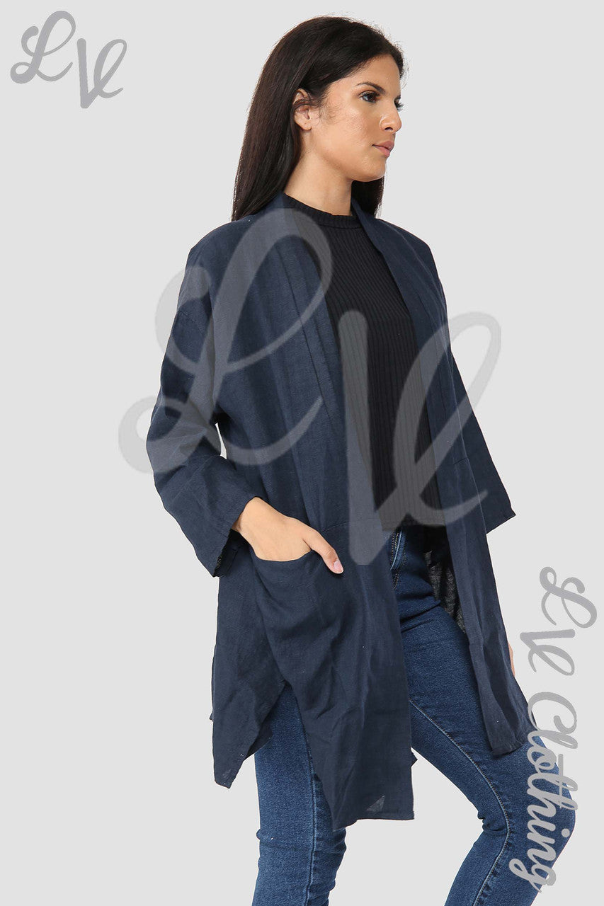 Ladies Linen Plain Floaty Cardigan Navy - Unit Price £14.99