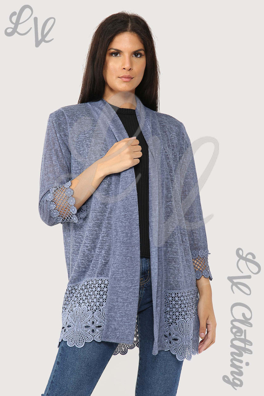 Ladies Lace Floral Border Design Cardigan Denim - Unit Price £12.99