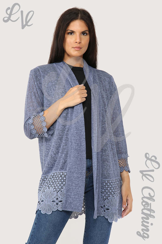 Blue lace floral border cardigan with open front, three-quarter sleeves