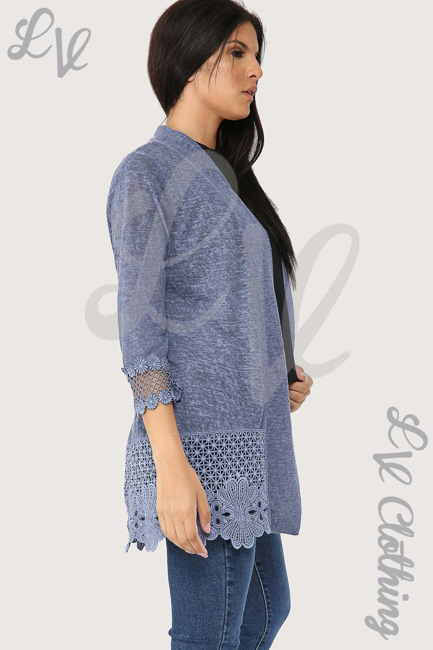 Ladies Lace Floral Border Design Cardigan Denim - Unit Price £12.99