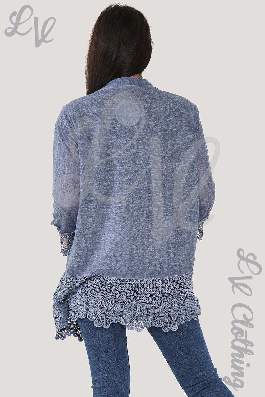 Ladies Lace Floral Border Design Cardigan Denim - Unit Price £12.99