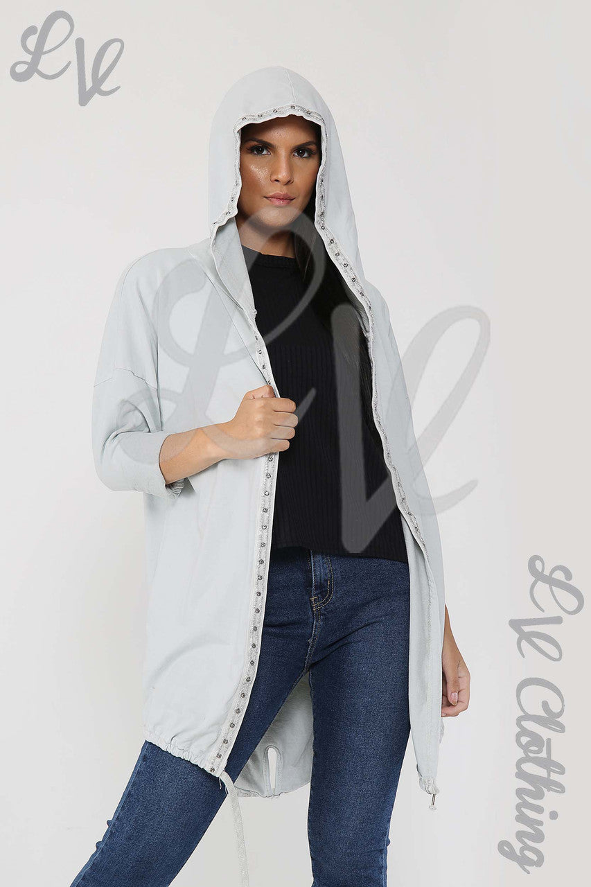 Ladies Hooded Jacket With Floral Foil Detail Back Silver - Unit Price £18.99