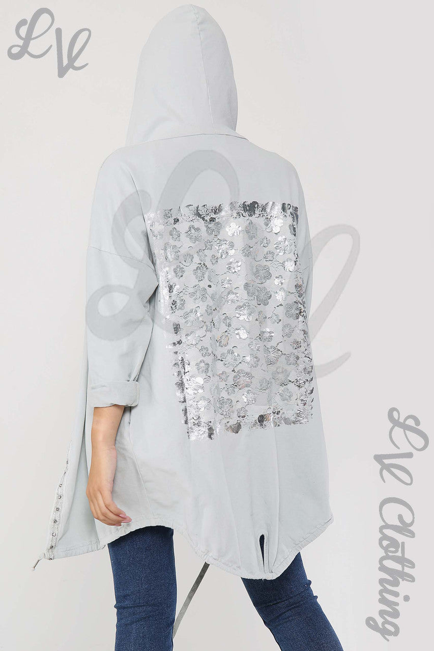 Ladies Hooded Jacket With Floral Foil Detail Back Silver - Unit Price £18.99