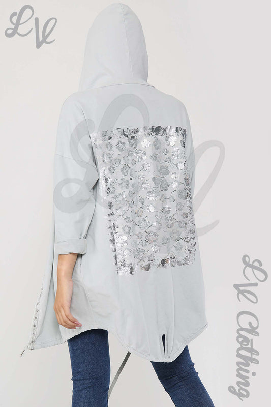 Light silver hooded jacket with floral foil detail on back