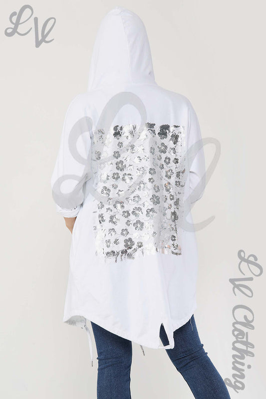 White hooded jacket with floral foil detail on back