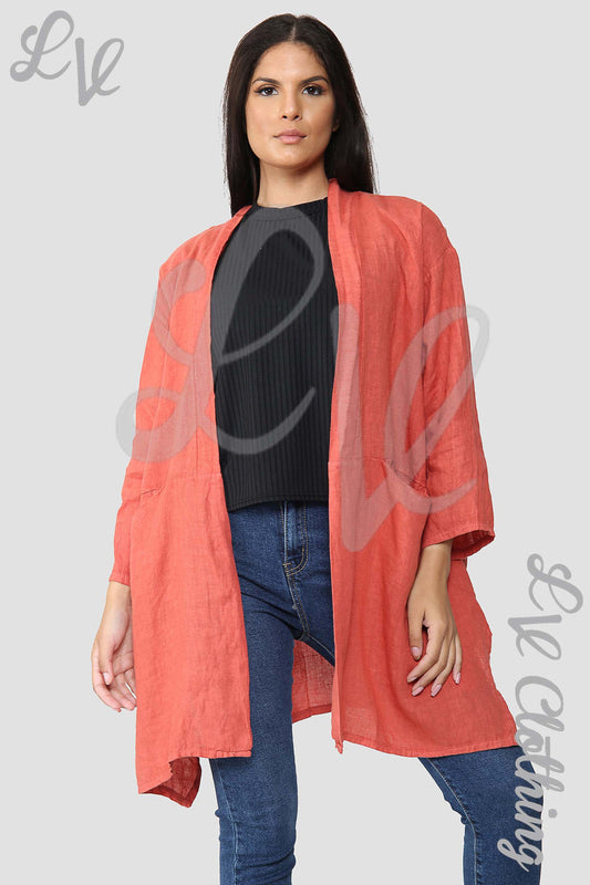 Rust linen floaty cardigan with open front, long sleeves and draped hem