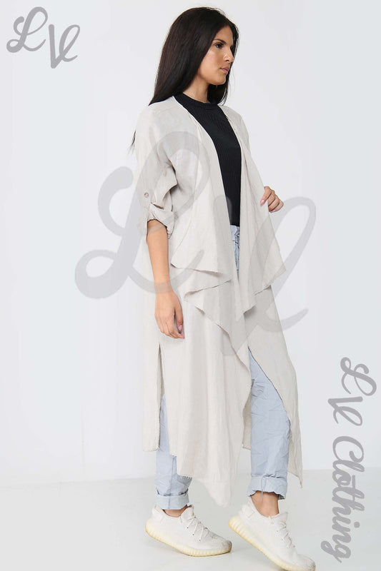 Stone long floaty cardigan with open front, batwing sleeves, ankle-length drape