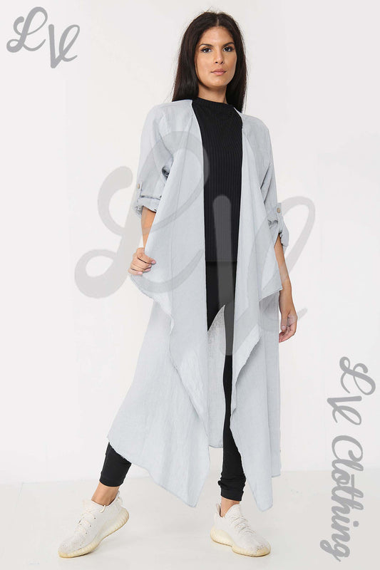 Long floaty cardigan in light blue, open front, draped long length