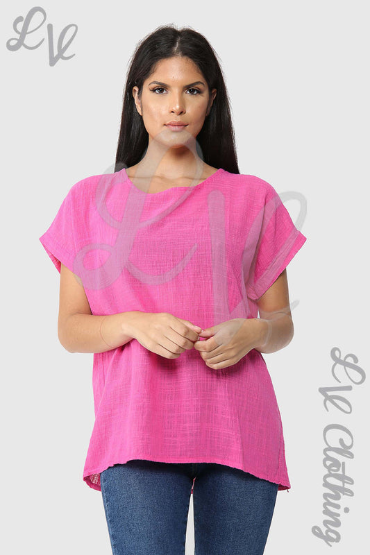 Ladies plain short-sleeve top in cerise pink with crew neck
