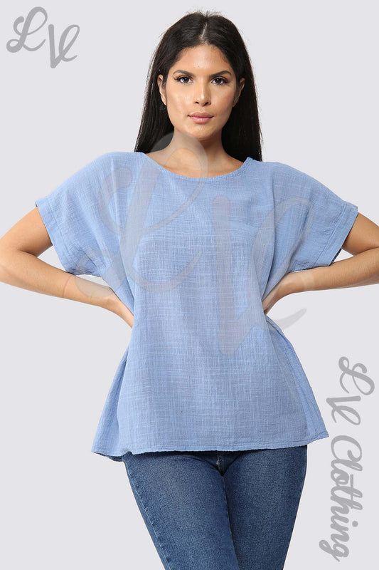Light blue short-sleeve plain top with round neckline and relaxed fit