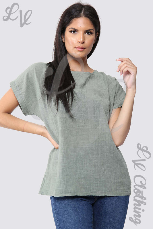 Ladies plain short-sleeved top, olive green crew neck, front view