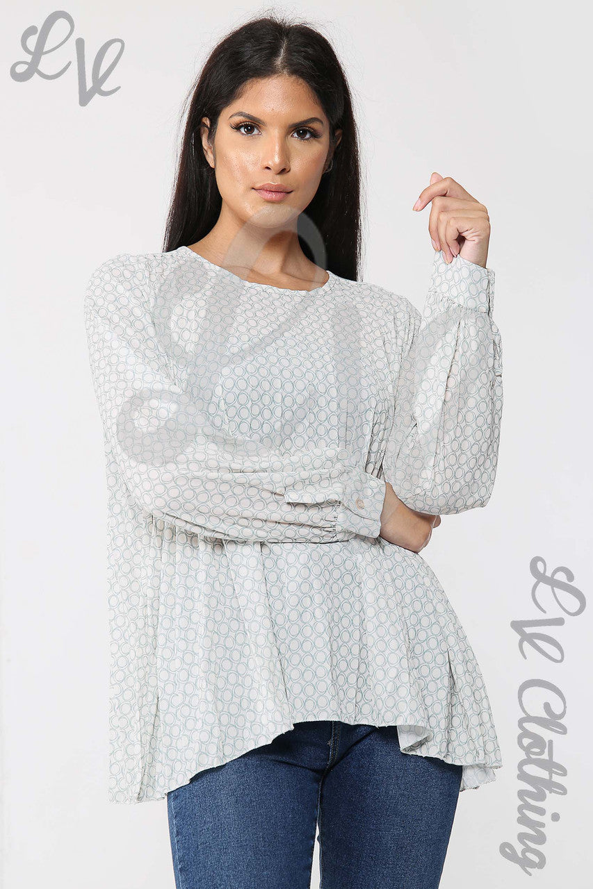 Ladies Circle Print Pleated Blouse Cream/Tiffany - Unit Price Was £9.99