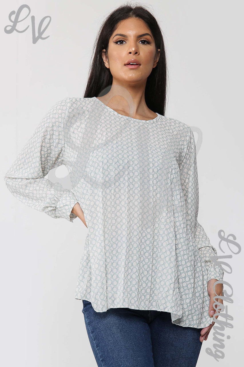 Ladies Circle Print Pleated Blouse Cream/Tiffany - Unit Price Was £9.99