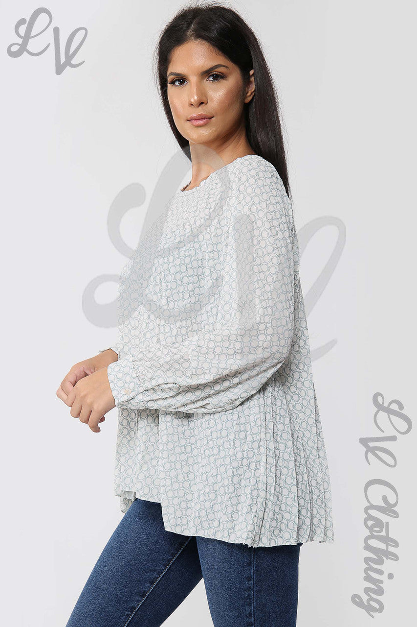 Ladies Circle Print Pleated Blouse Cream/Tiffany - Unit Price Was £9.99