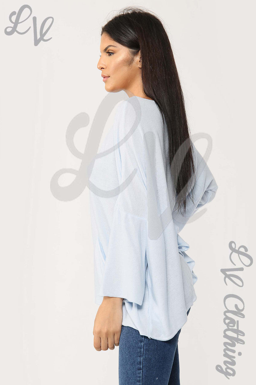 Ladies Plain Fine Knit Long Sleeve Top Light Blue - Unit Price £13.99