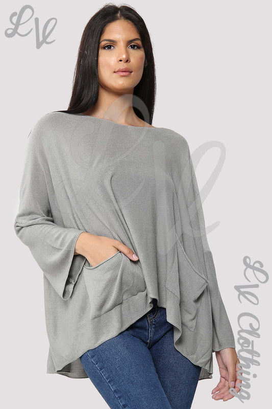 Fine knit long sleeve top, taupe, loose fit with off-shoulder drape