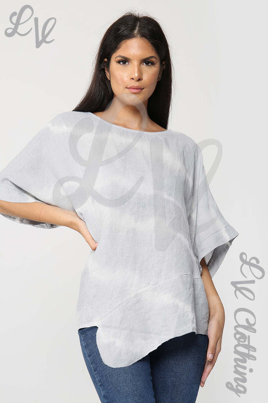 Silver-grey tie-dye asymmetrical top with wide drape sleeves and rounded neckline