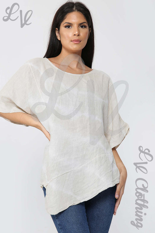 Stone tie-dye asymmetrical top with loose dolman sleeves and angled hem