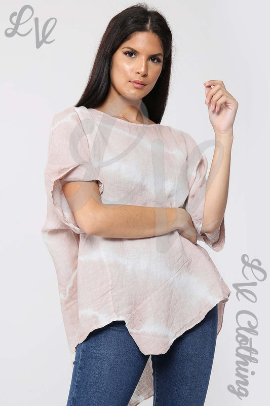Ladies dusty pink tie-dye asymmetrical top with short batwing sleeves