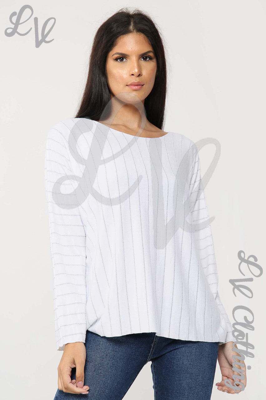 Ladies Lurex Stripe Detail Top White - Unit Price £11.99