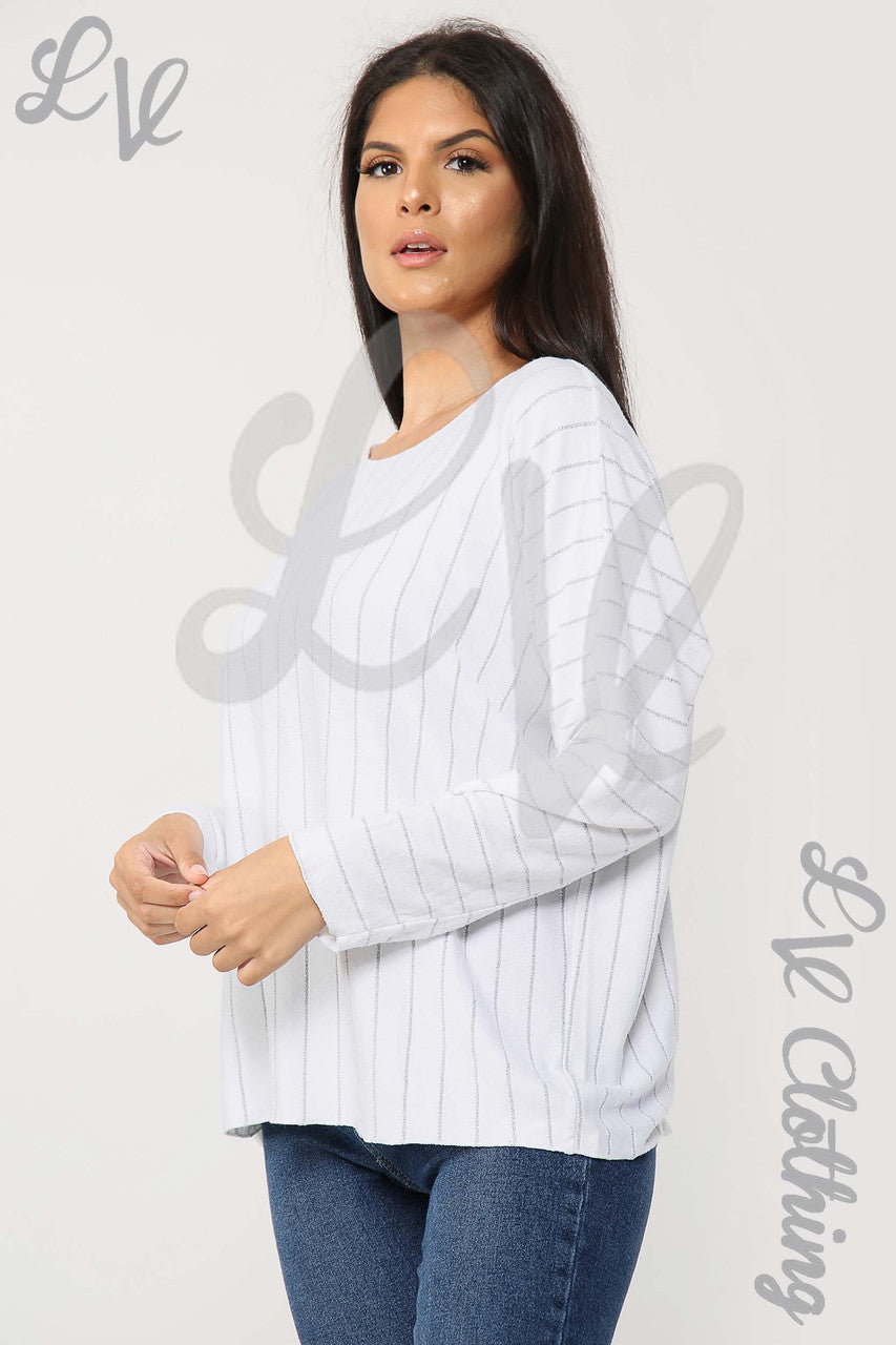 Ladies Lurex Stripe Detail Top White - Unit Price £11.99
