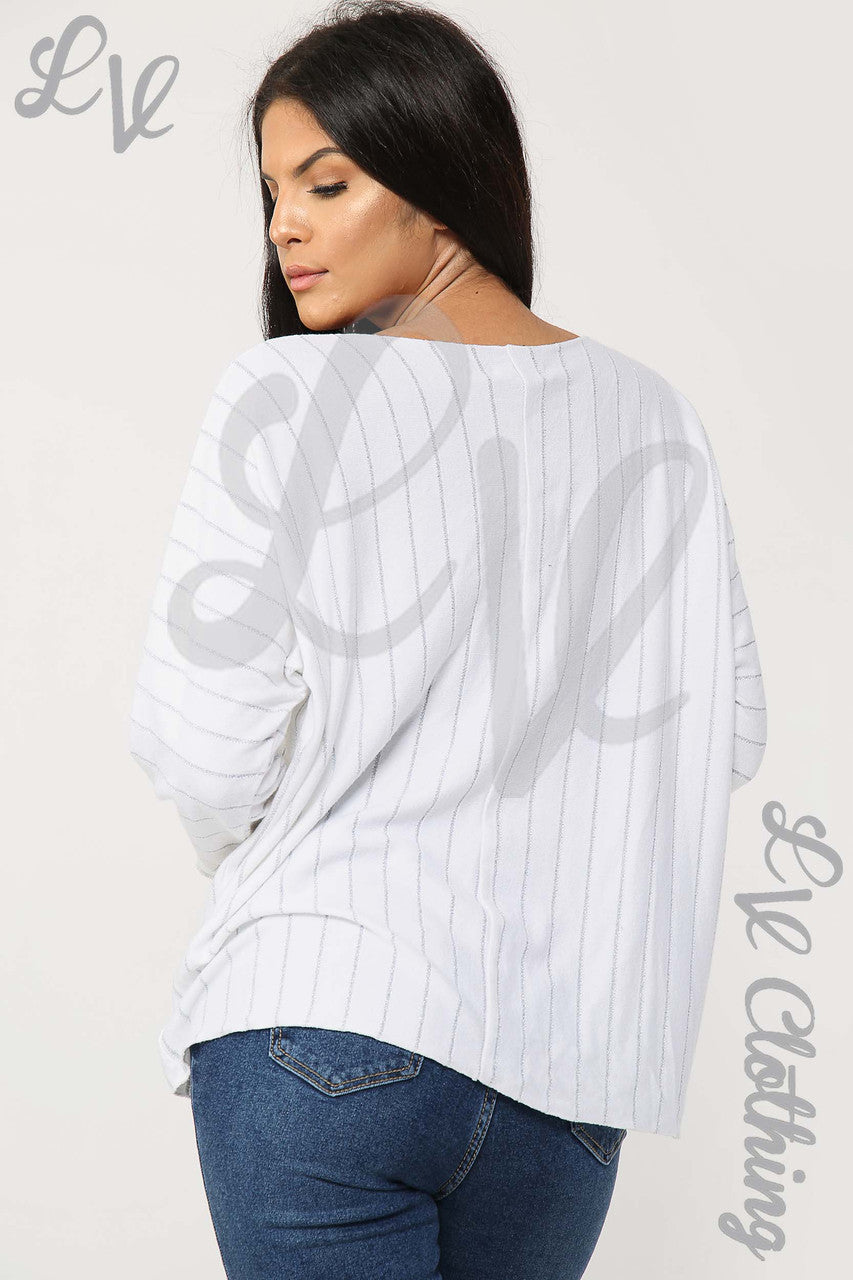 Ladies Lurex Stripe Detail Top White - Unit Price £11.99