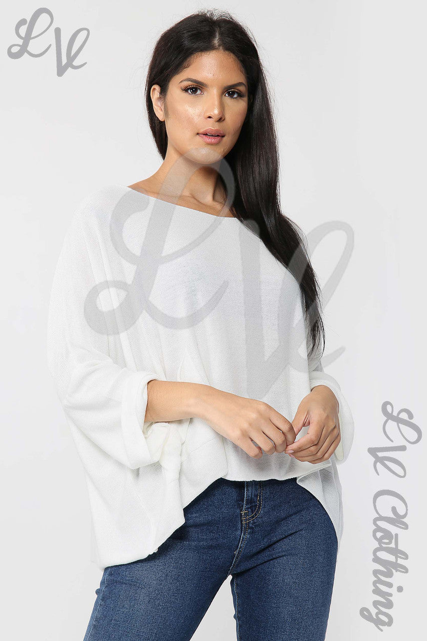 Ladies Plain Fine Knit Long Sleeve Top White - Unit Price £13.99