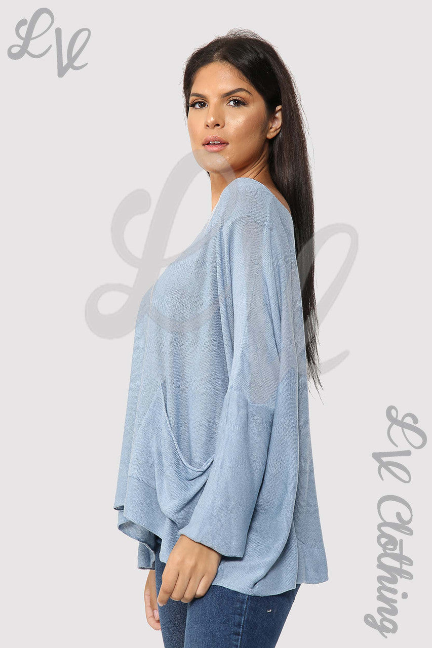 Ladies Plain Fine Knit Long Sleeve Top Denim - Unit Price £13.99