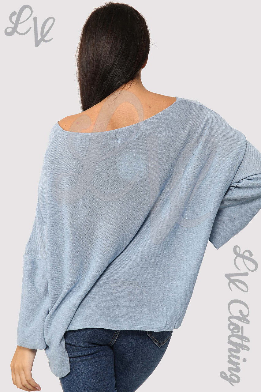 Ladies Plain Fine Knit Long Sleeve Top Denim - Unit Price £13.99
