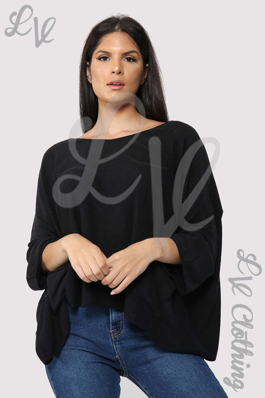Black fine knit long-sleeve top with relaxed fit and wide neckline