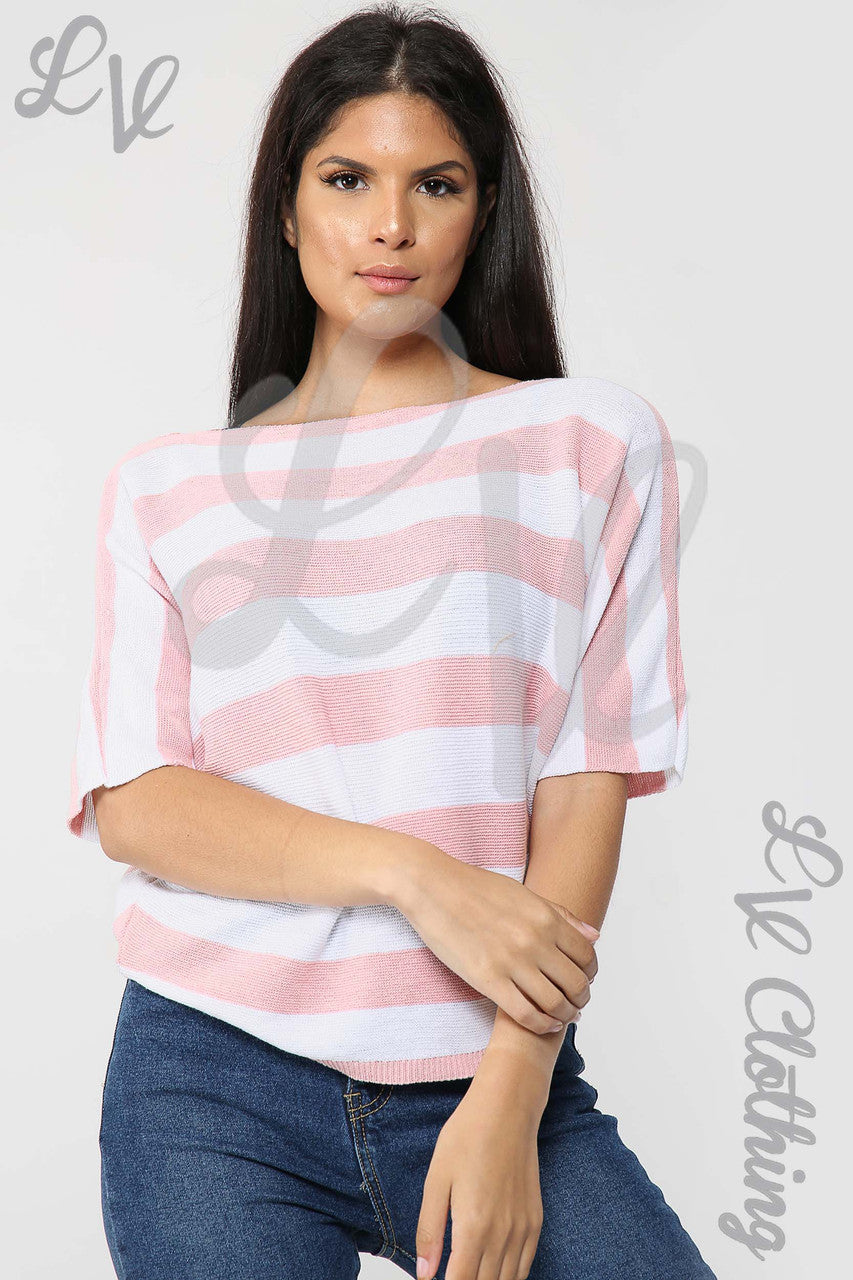 Ladies Fine Knit Block Striped Jumper Dusty Pink - Unit Price £11.99