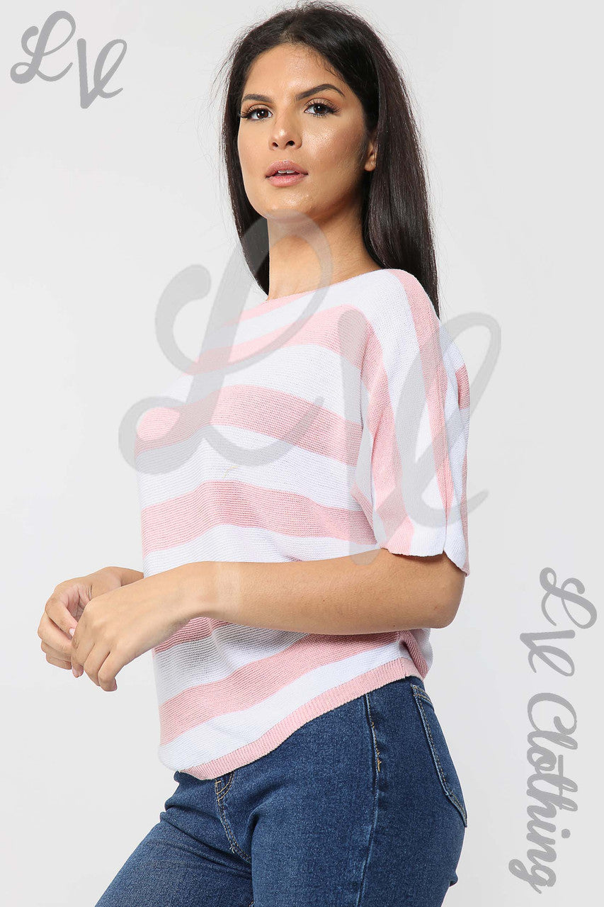 Ladies Fine Knit Block Striped Jumper Dusty Pink - Unit Price £11.99