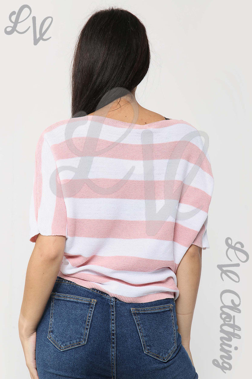 Ladies Fine Knit Block Striped Jumper Dusty Pink - Unit Price £11.99