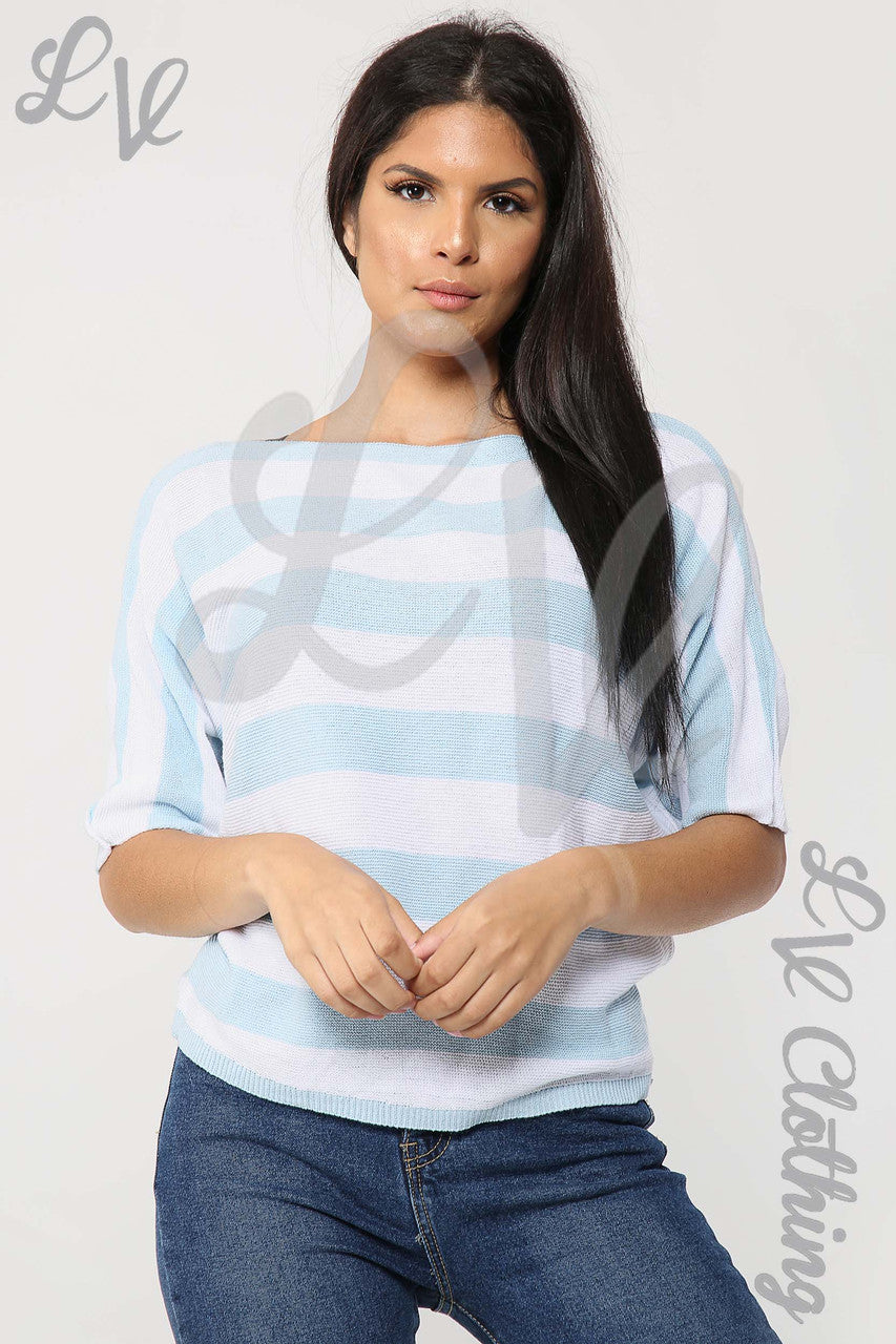 Ladies Fine Knit Block Striped Jumper Light Blue- Unit Price £11.99