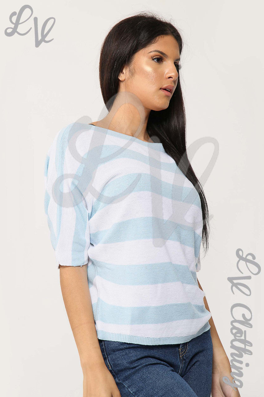 Ladies Fine Knit Block Striped Jumper Light Blue- Unit Price £11.99