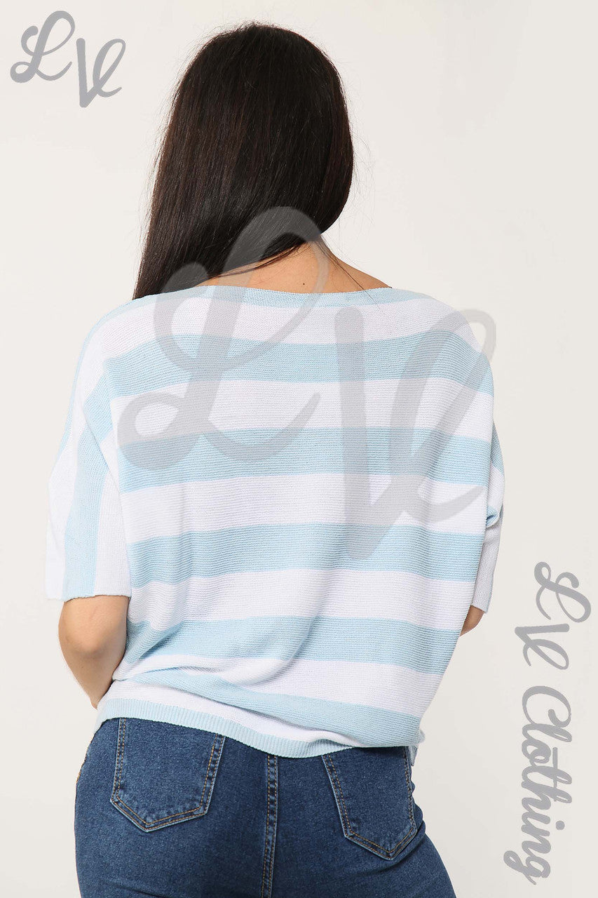 Ladies Fine Knit Block Striped Jumper Light Blue- Unit Price £11.99