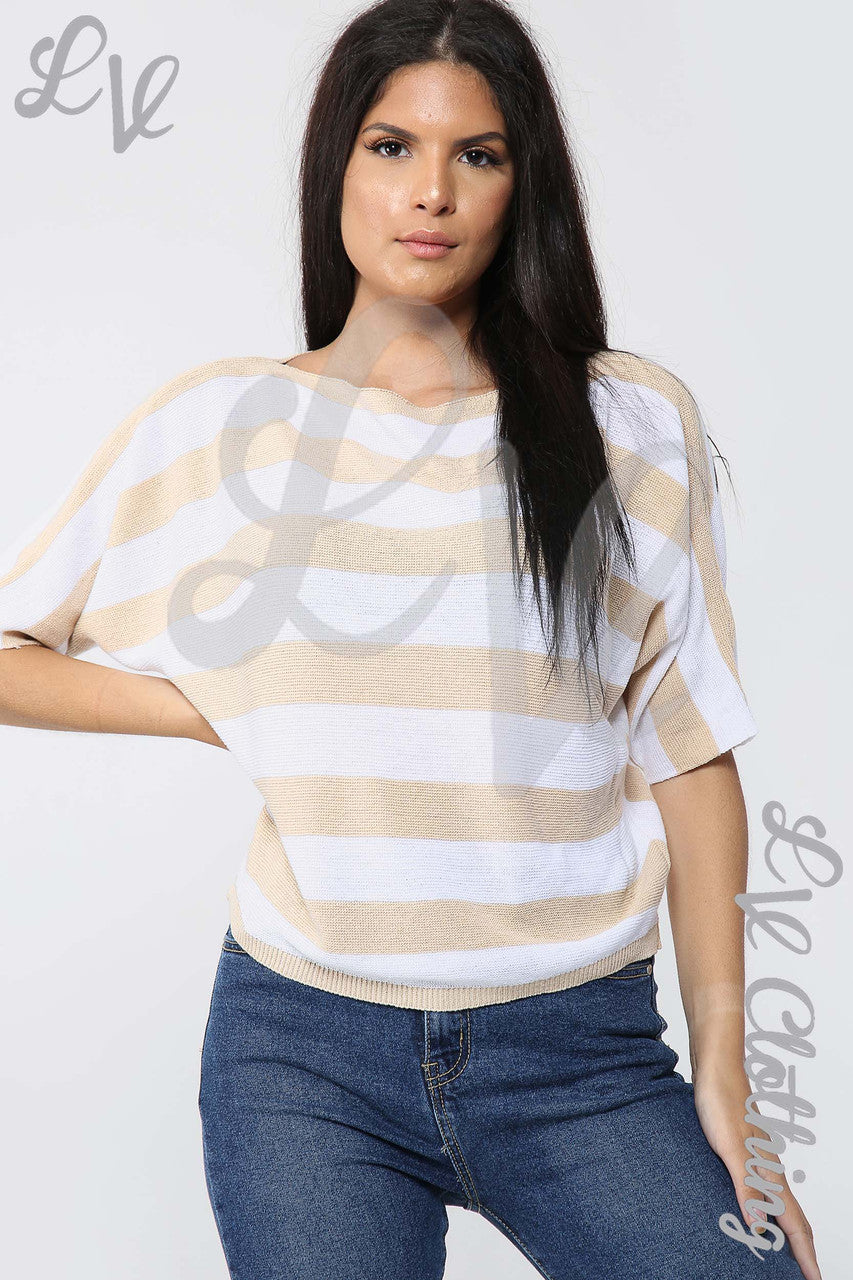 Ladies Fine Knit Block Striped Jumper Stone - Unit Price £11.99