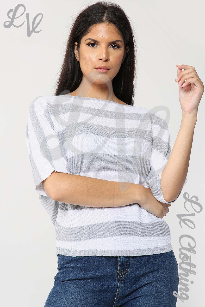 Ladies Fine Knit Block Striped Jumper Grey - Unit Price £11.99