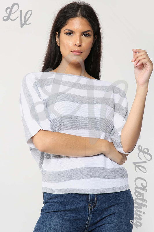 Ladies fine knit striped jumper, grey and white, round neck, short sleeves