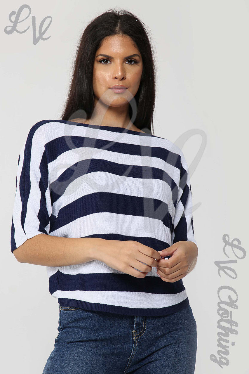 Ladies Fine Knit Block Striped Jumper Navy - Unit Price £11.99