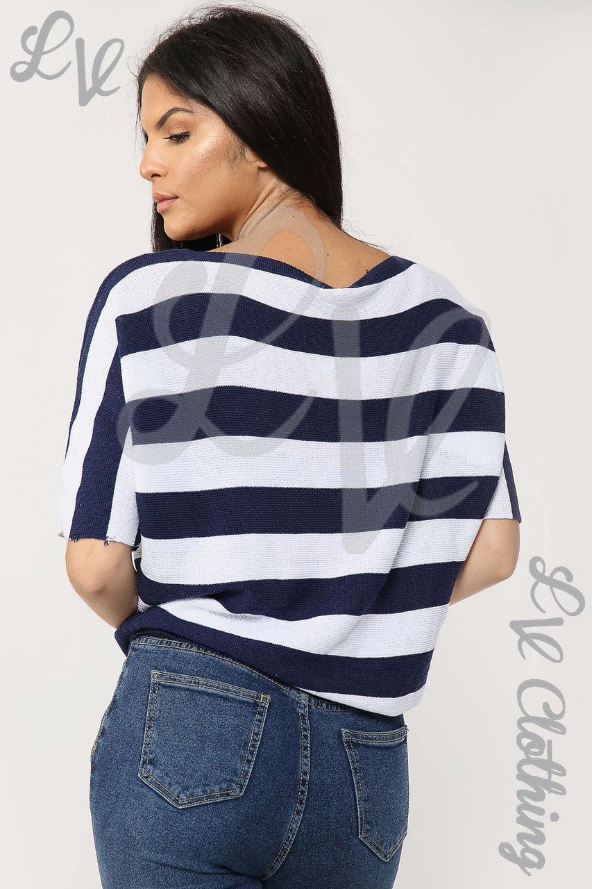 Ladies Fine Knit Block Striped Jumper Navy - Unit Price £11.99