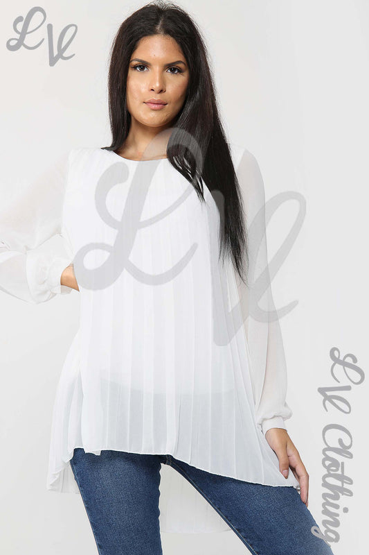 White oversized pleated hi-lo blouse, long sleeves, loose drape hem