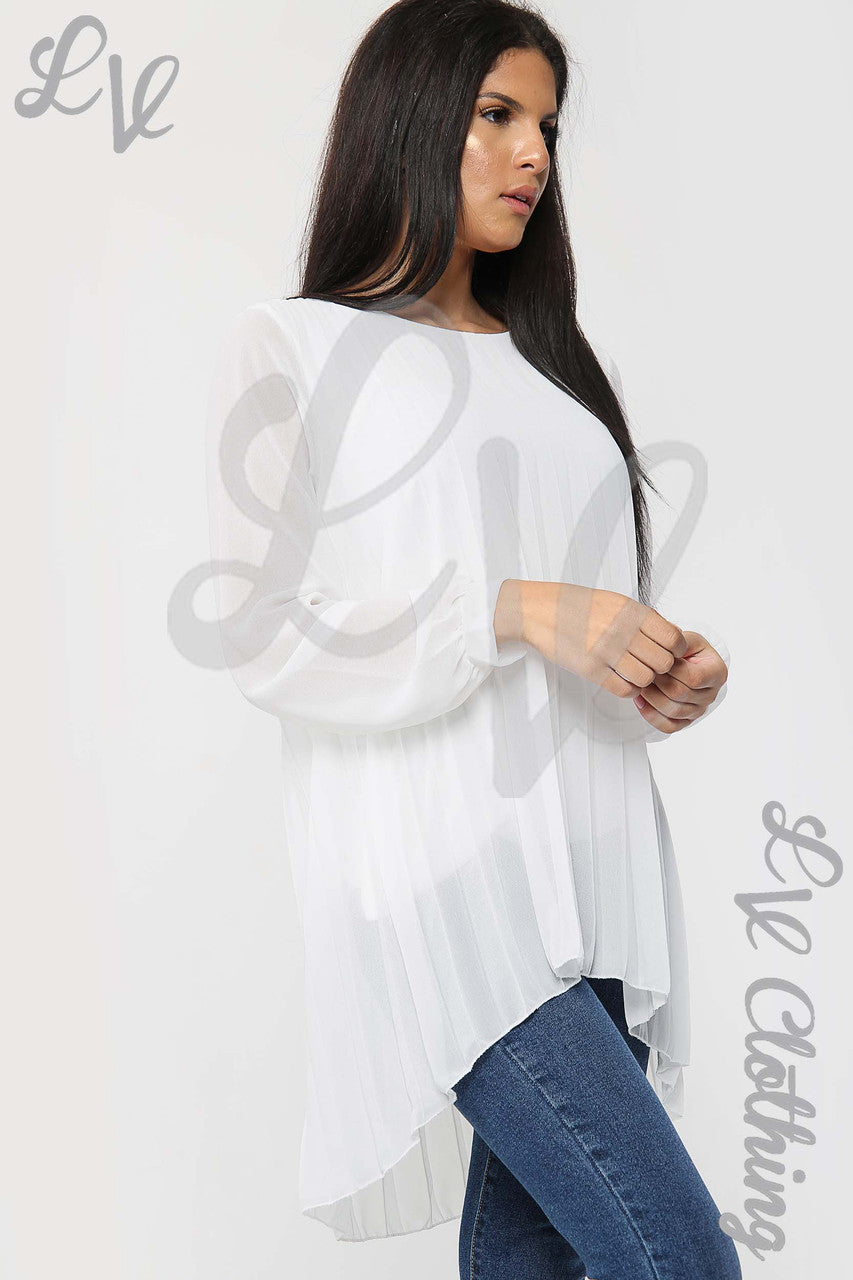 Ladies Oversize Pleated Hi Lo Blouse Top White - Unit Price £10.99