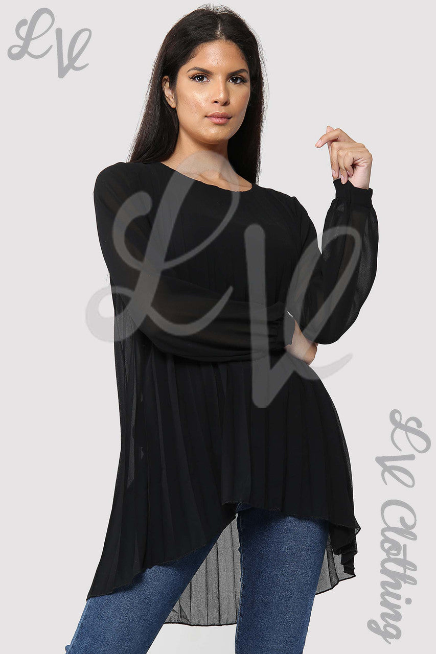Ladies Oversize Pleated Hi Lo Blouse Top Black - Unit Price £13.99