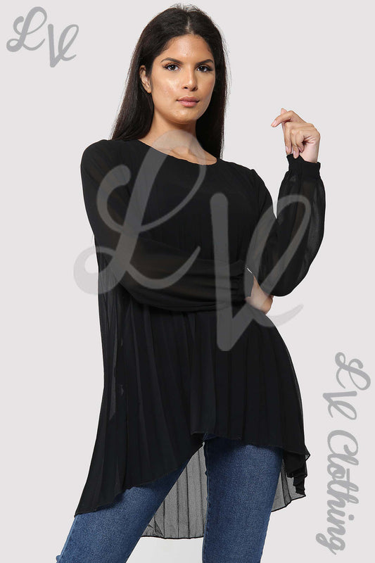 Oversize pleated hi-lo blouse, black with long sleeves and asymmetric hem