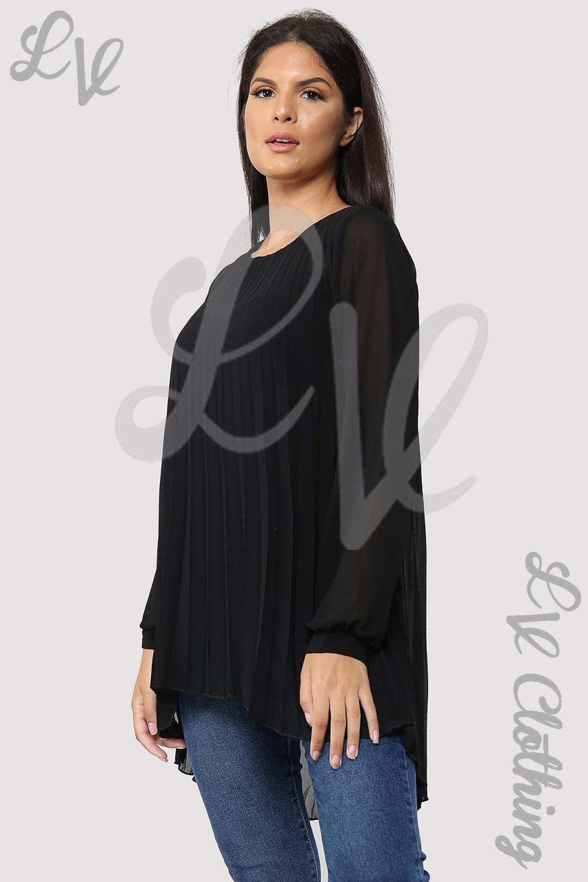 Ladies Oversize Pleated Hi Lo Blouse Top Black - Unit Price £13.99
