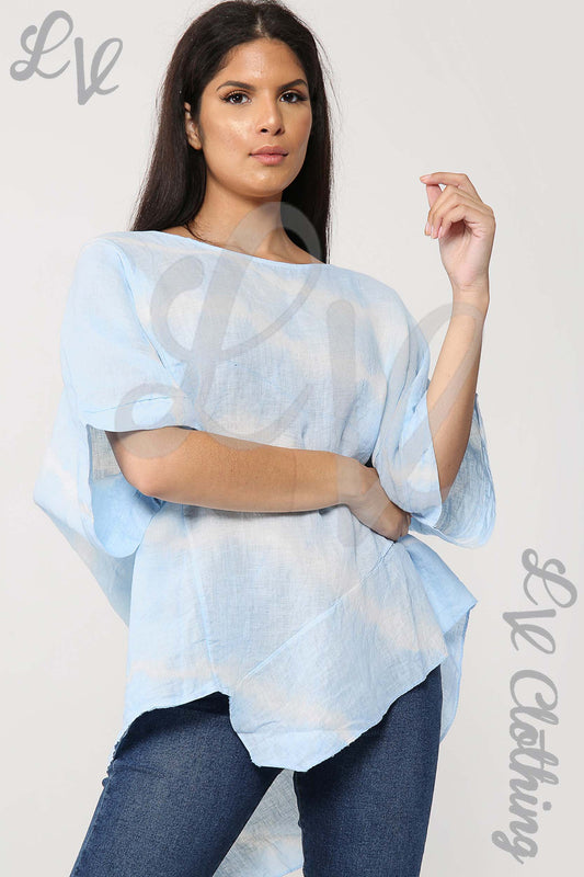 Sky blue tie-dye asymmetrical top, wide 3/4 sleeves