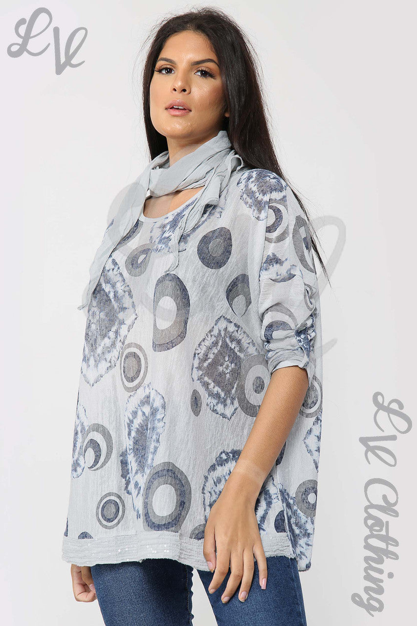 Dames Tie Dye & Cirkelprint Sjaaltop Zilver - Prijs per stuk £6,99