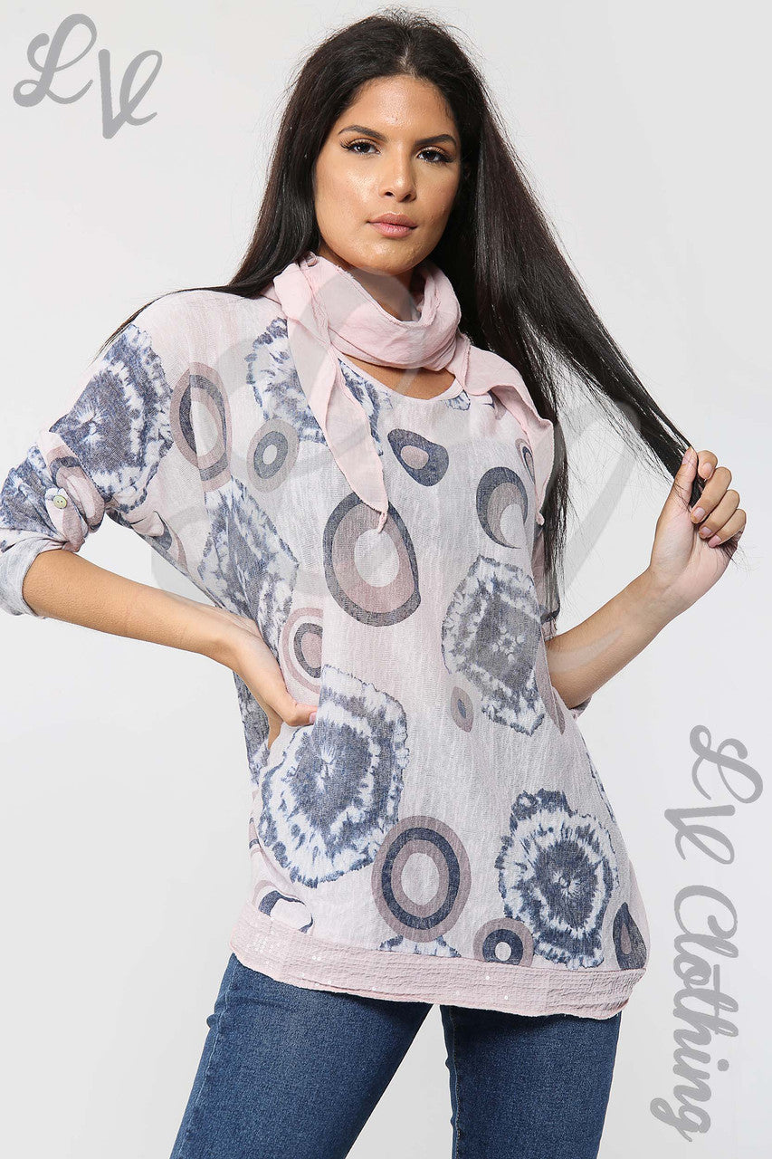 Dames Tie Dye & Cirkel Print Sjaal Top Stoffig Roze - Prijs per eenheid £6,99