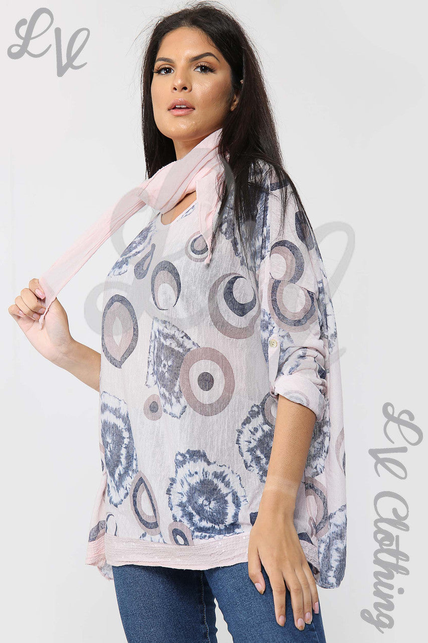Dames Tie Dye & Cirkel Print Sjaal Top Stoffig Roze - Prijs per eenheid £6,99